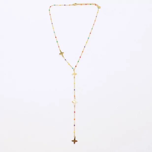 Collier en acier avec perles de couleur et trèfle forme Y