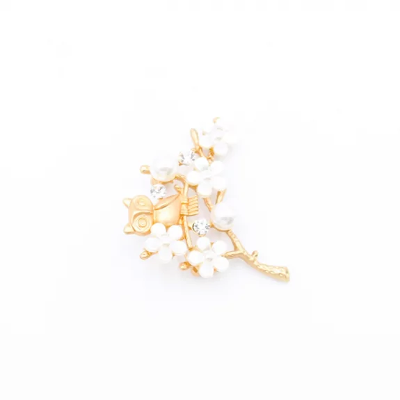 Broche dorée fleur et hibou