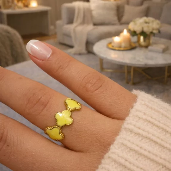 Bague acier trèfle émaillé