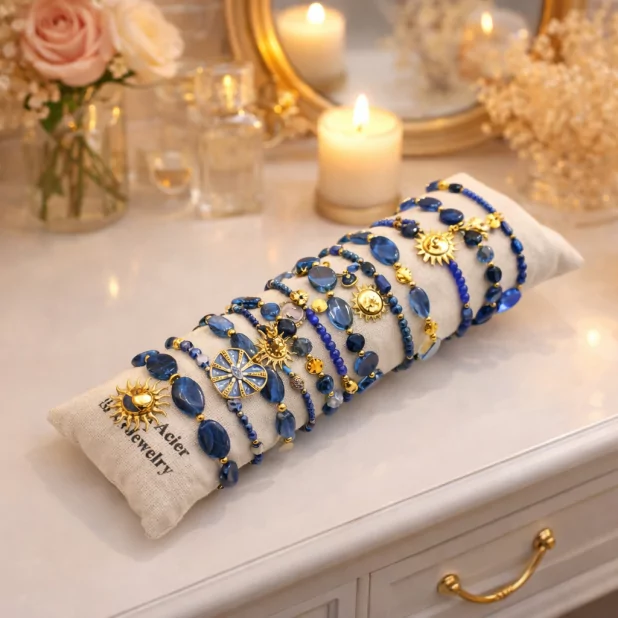 Pack de 12 bracelets cristal de verre et acier - marine Pack de 12 bracelets cristal de verre et acier - marine