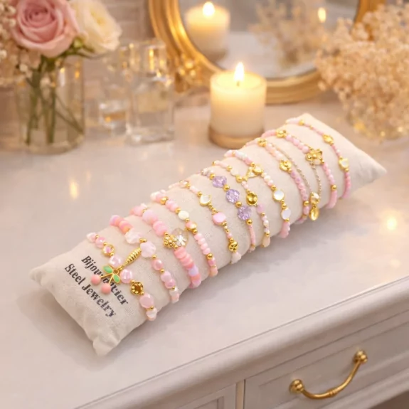 Pack de 12 bracelets cristal de verre et acier - rose