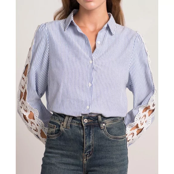Chemisier femme à rayures avec manches brodées Chemisier femme à rayures avec manches brodées