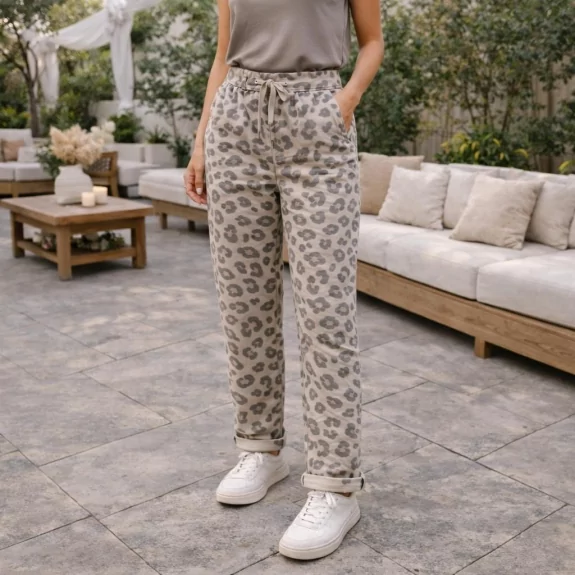 Pantalon Femme Imprimé Léopard à Taille Élastique