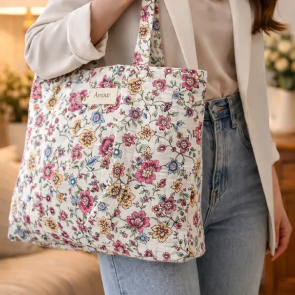 Tote bag en coton floral message AMOUR