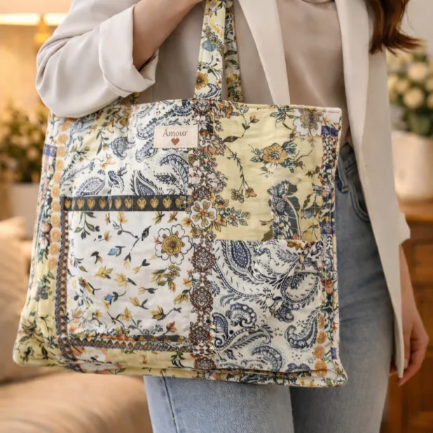 Tote bag patchwork en coton avec message AMOUR