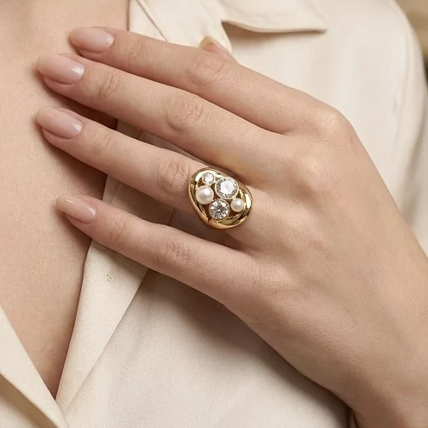 Bague large perles & strass – Acier inoxydable