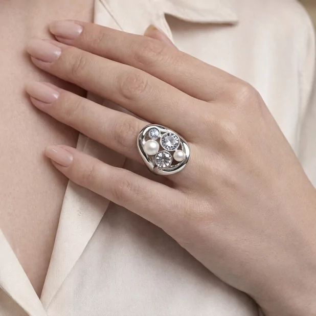 Bague large perles & strass – Acier inoxydable