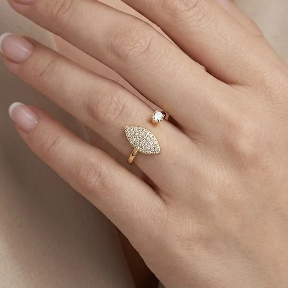 Bague feuille pavée strass – Acier inoxydable