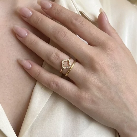 Bague double anneau trèfle strass en acier inoxydable