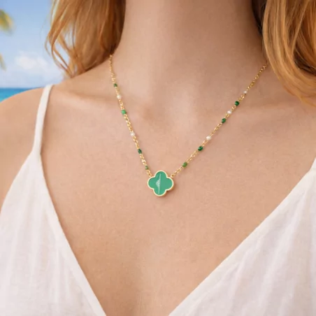 Collier Tendance Acier, Perles multi Et Trèfle