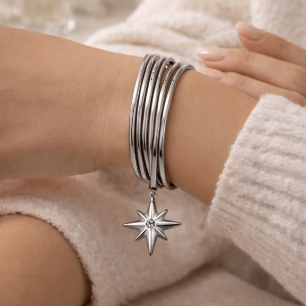 Bracelet Multi Joncs Acier Inoxydable avec Pendentif Étoile