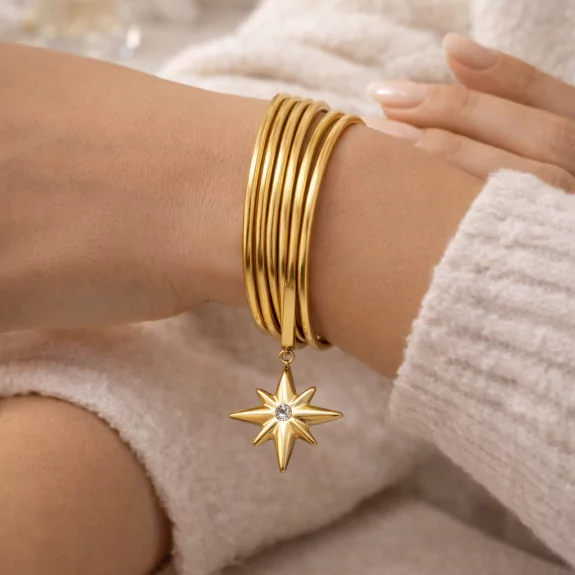 Bracelet Multi Joncs Acier Inoxydable avec Pendentif Étoile