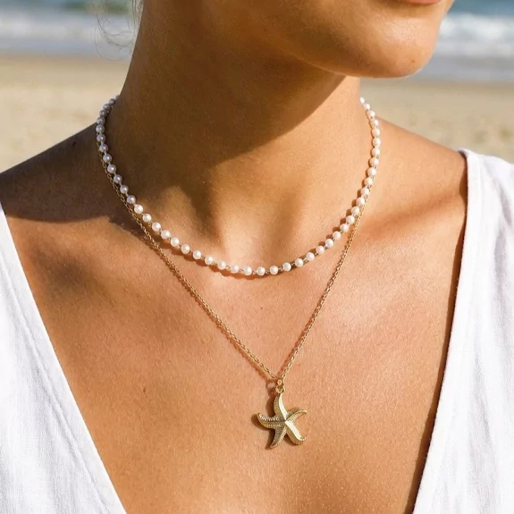 Collier Double Rang Perles & Étoile de Mer en Acier Inoxydable