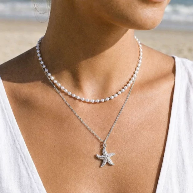 Collier Double Rang Perles & Étoile de Mer en Acier Inoxydable