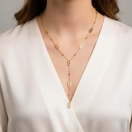 Collier Y doré en acier inoxydable avec maillons ovales et strass