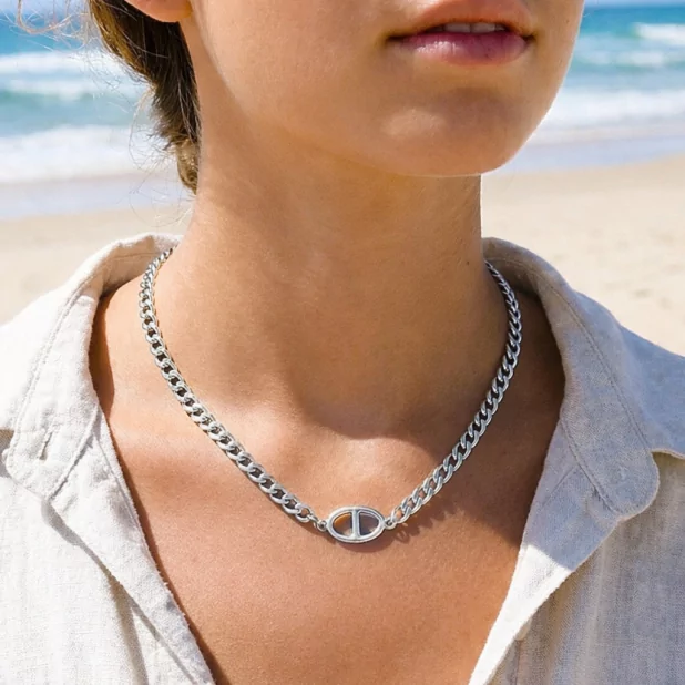Collier acier chaîne maille motif luxe