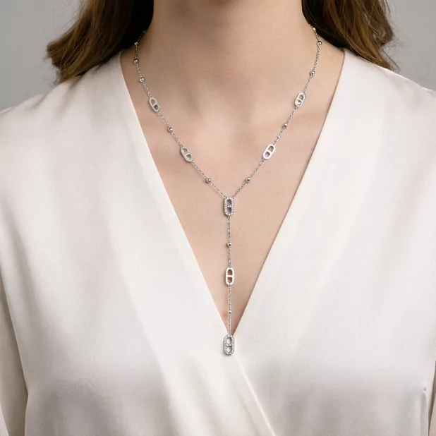 Collier Y doré en acier inoxydable avec maillons ovales et strass