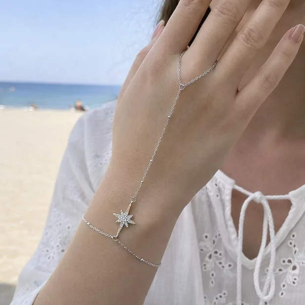 Bracelet Bijou de Main Étoile Strass en Acier Inoxydable