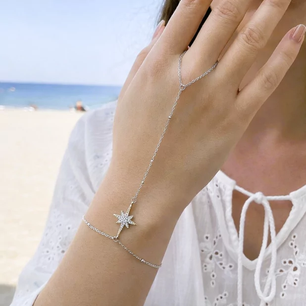 Bracelet Bijou de Main Étoile Strass en Acier Inoxydable