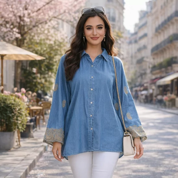 Blouse en jean bleu avec broderies dorées – Chemise bohème chic femme