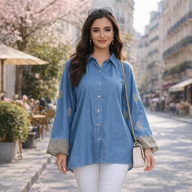 Blouse en jean bleu avec broderies dorées – Chemise bohème chic femme