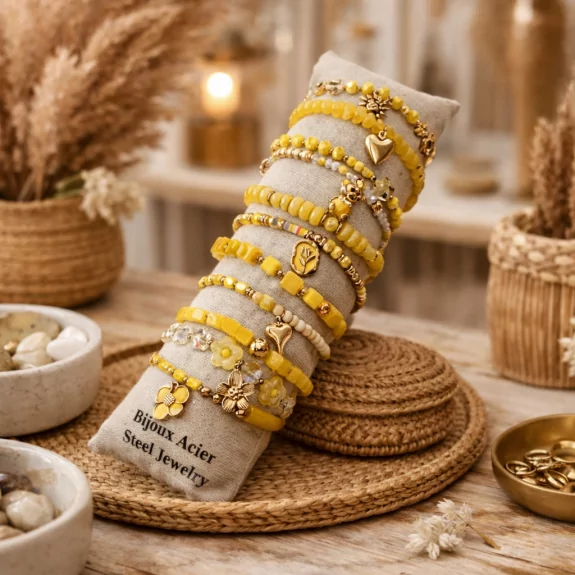 Pack de 12 bracelets cristal de verre et acier - JAUNE