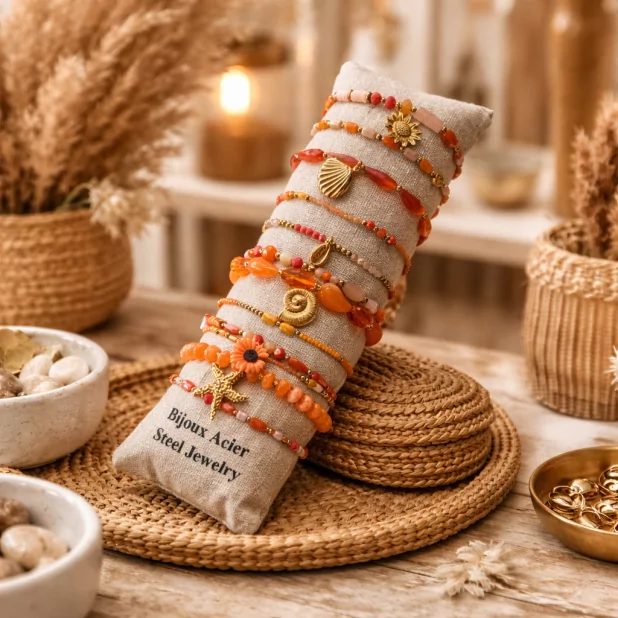 Pack de 12 bracelets cristal de verre et acier - orange Pack de 12 bracelets cristal de verre et acier - orange