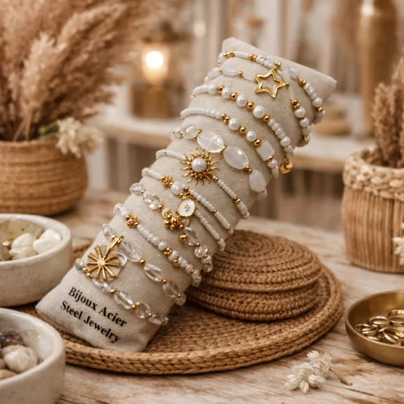 Pack de 12 bracelets cristal de verre et acier - BLANC