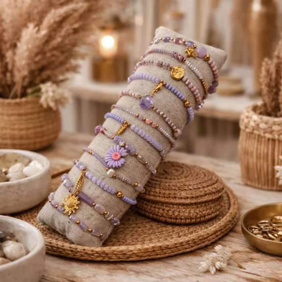 Pack de 12 bracelets cristal de verre et acier - parme