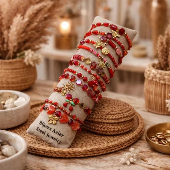 Pack de 12 bracelets cristal de verre et acier - rouge