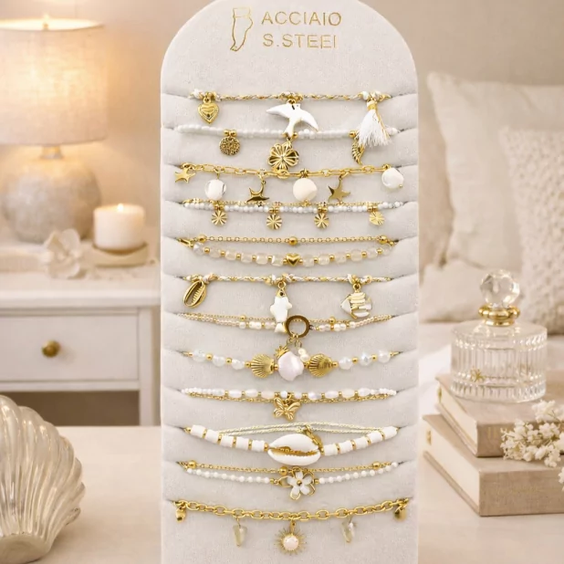 Pack chaînes de cheville acier doré & blanc – breloques bohème