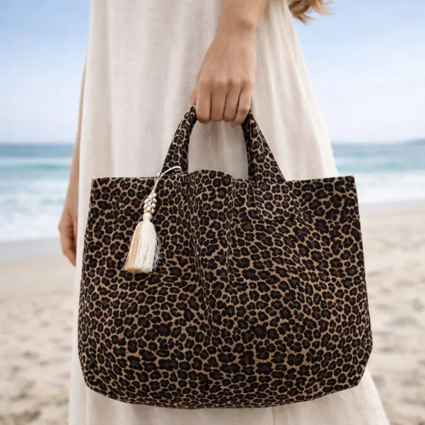 Grand sac cabas léopard 60 x 35 cm – Sac plage & week-end