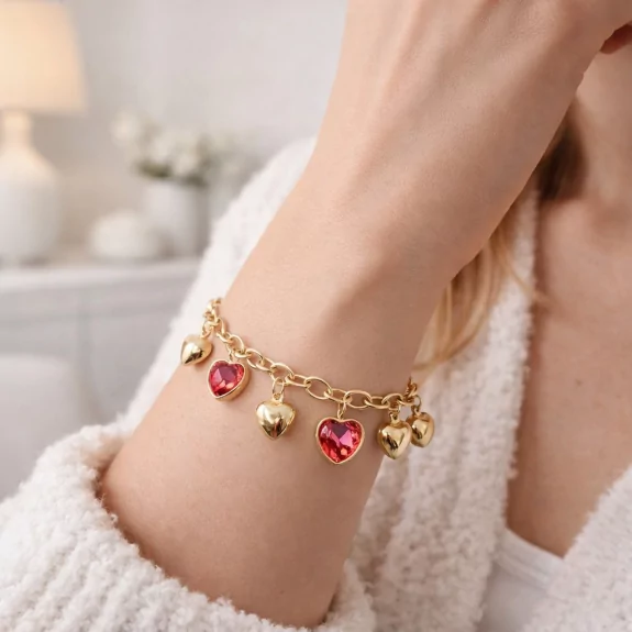 Bracelet Cœurs en Acier Inoxydable – Breloques Cristal Coloré