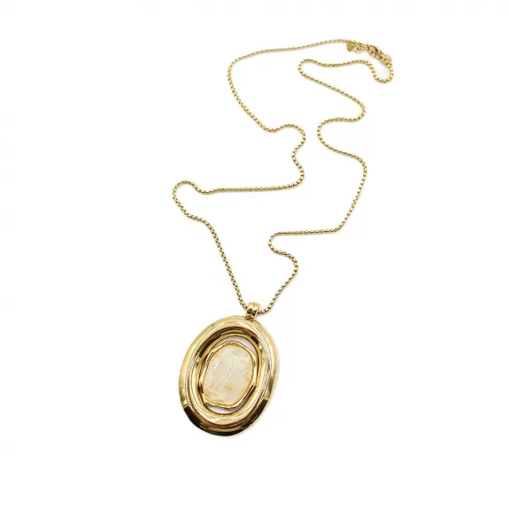 Sautoir Pendentif Ovale en Acier  – Collier Long Pierre Colorée