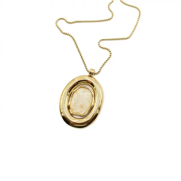 Sautoir Pendentif Ovale en Acier  – Collier Long Pierre Colorée