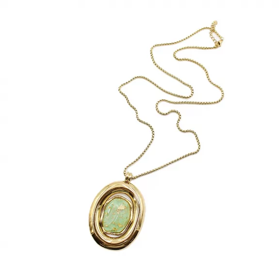 Sautoir Pendentif Ovale en Acier  – Collier Long Pierre Colorée
