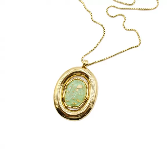 Sautoir Pendentif Ovale en Acier  – Collier Long Pierre Colorée