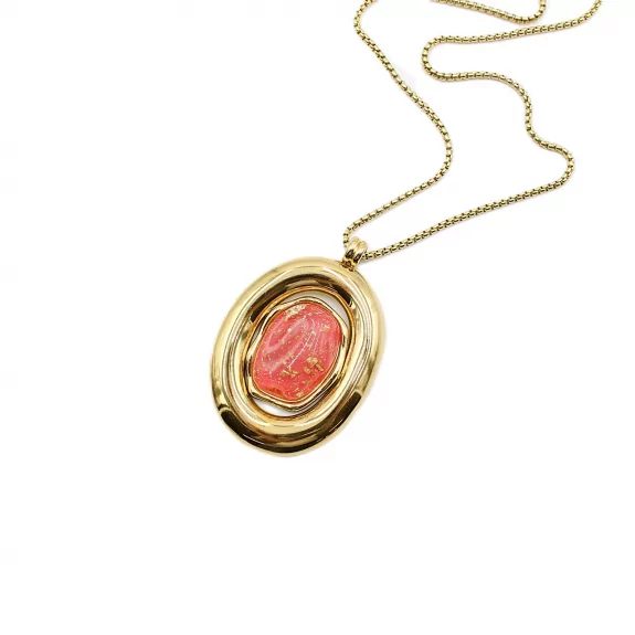 Sautoir Pendentif Ovale en Acier  – Collier Long Pierre Colorée