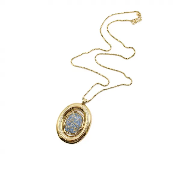 Sautoir Pendentif Ovale en Acier  – Collier Long Pierre Colorée