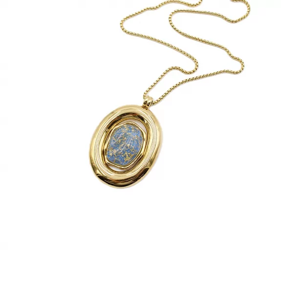 Sautoir Pendentif Ovale en Acier  – Collier Long Pierre Colorée