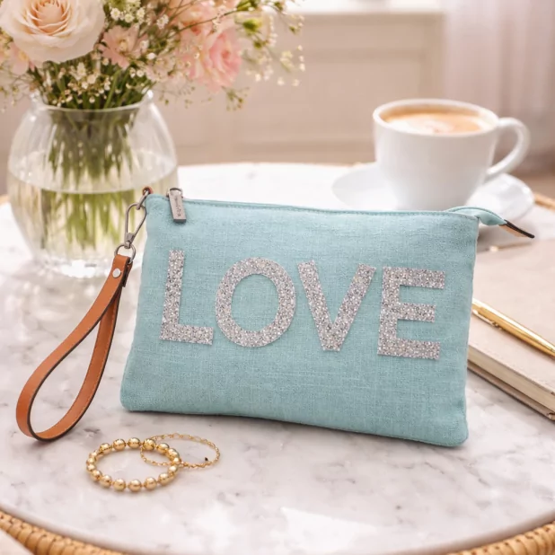 Pochette LOVE paillettes avec dragonne et bandoulière Pochette LOVE paillettes avec dragonne et bandoulière
