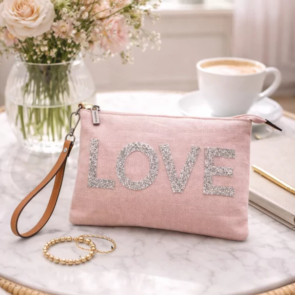 Pochette LOVE paillettes avec dragonne et bandoulière