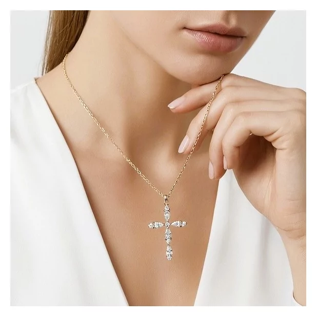 Collier pendentif croix strass en acier – Doré