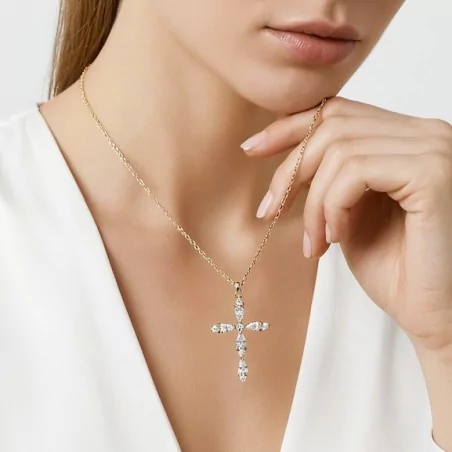 Collier pendentif croix strass en acier – Doré