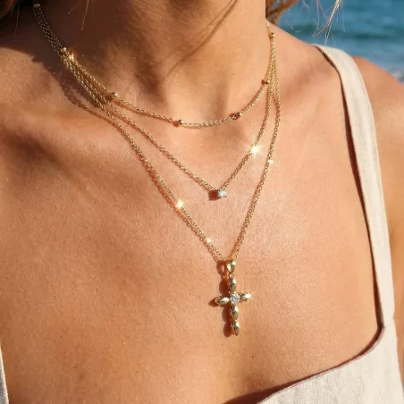 Collier triple rang croix strass en acier – Doré