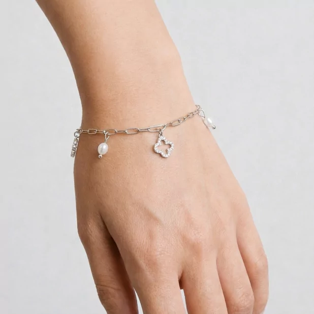 Bracelet trèfle et perles en acier – Doré ou Argenté