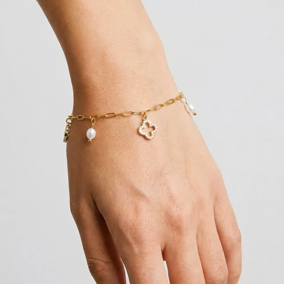 Bracelet trèfle et perles en acier – Doré