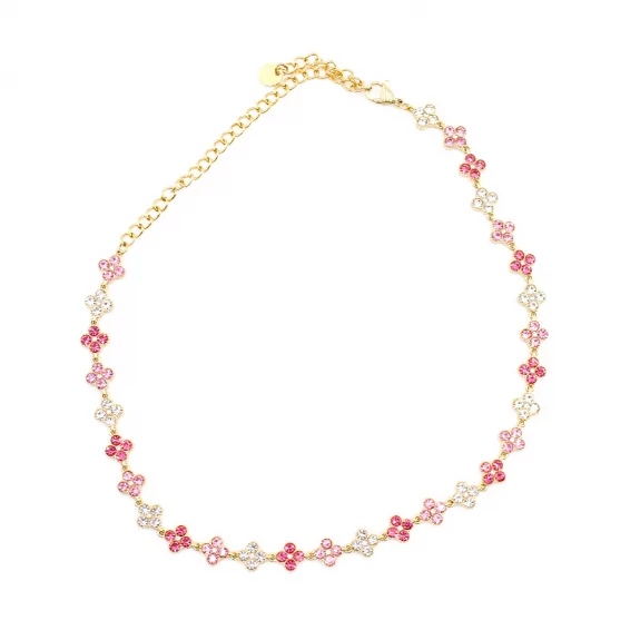Collier fleurs strass colorés – Acier inoxydable doré