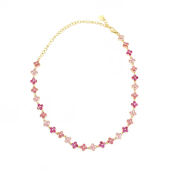 Collier fleurs strass colorés – Acier inoxydable doré