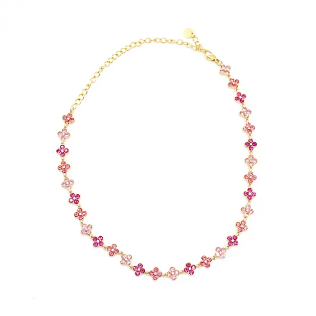 Collier fleurs strass colorés – Acier inoxydable doré